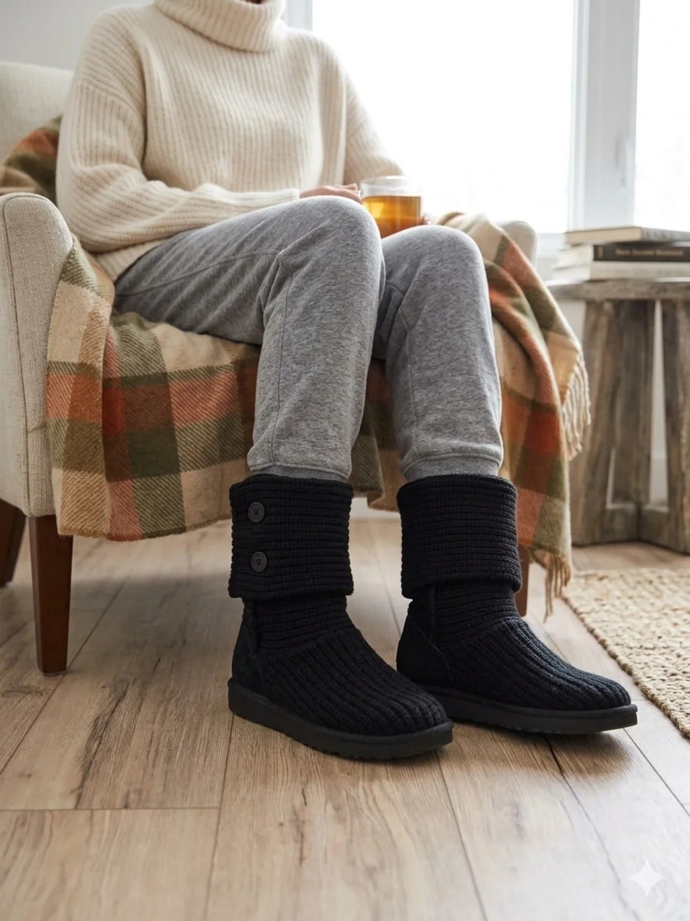 UGG Women’s Classic Tall Fold-over  Black Knit Boots size 8